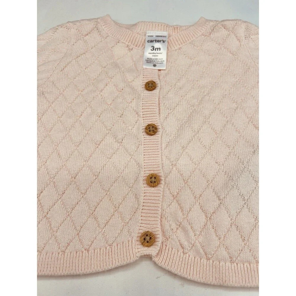 Carter’s Baby Girls Pink Diamond Knit Cardigan Sweater 3M NWOT 100% Cotton New